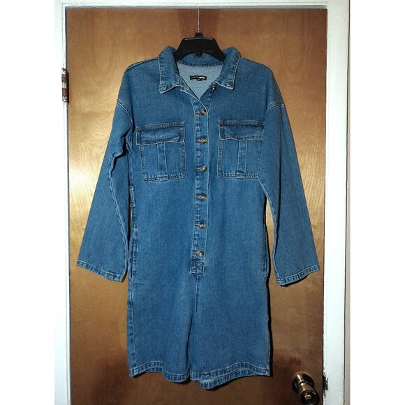 Fashion Nova Oversized Denim Long-Sleeve Button-Up Short Jumpsuit w/ Pockets XS - Picture 1 of 11